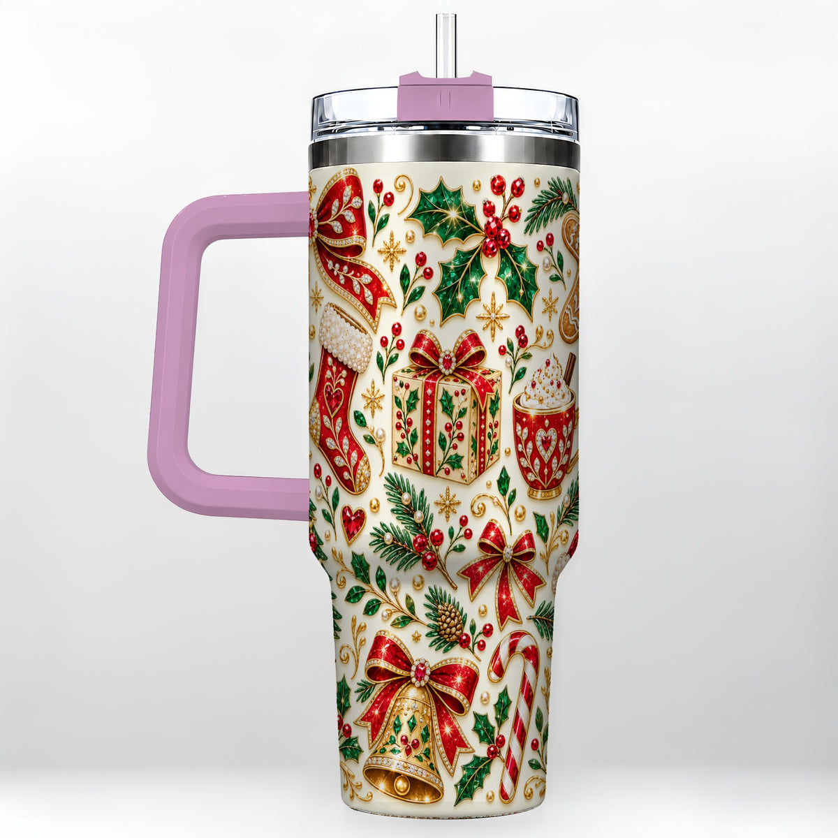 #pl[40oz|Pink] Jeweled Christmas 40oz Tumbler with Handle, Festive Holiday Drinkware