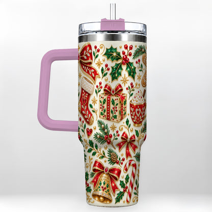 #pl[40oz|Pink] Jeweled Christmas 40oz Tumbler with Handle, Festive Holiday Drinkware