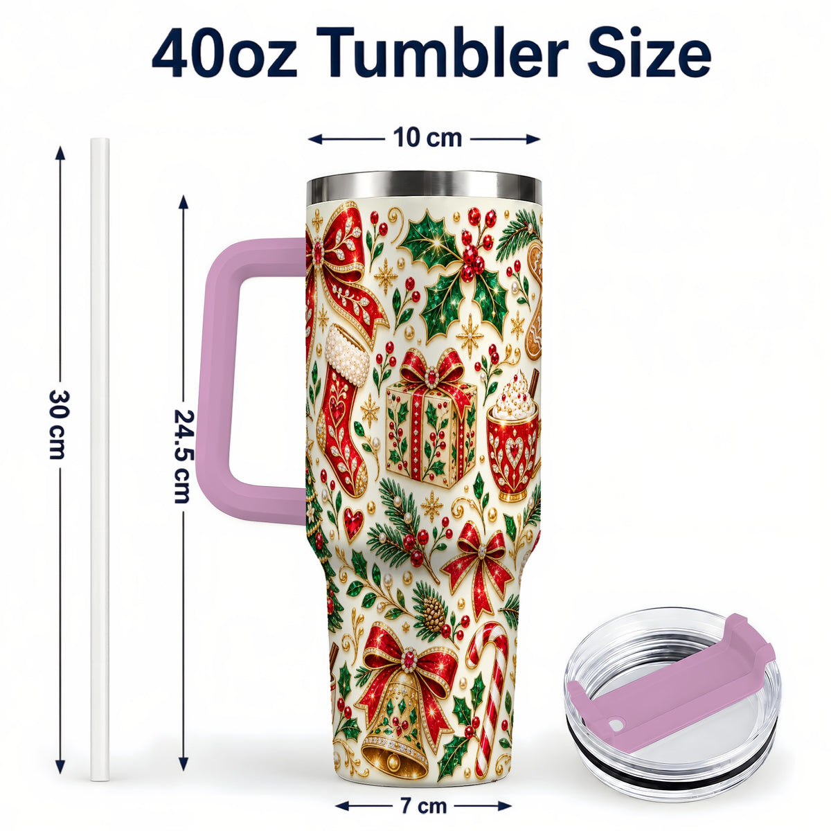 #pl[40oz|Pink] Jeweled Christmas 40oz Tumbler with Handle, Festive Holiday Drinkware