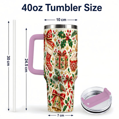 #pl[40oz|Pink] Jeweled Christmas 40oz Tumbler with Handle, Festive Holiday Drinkware