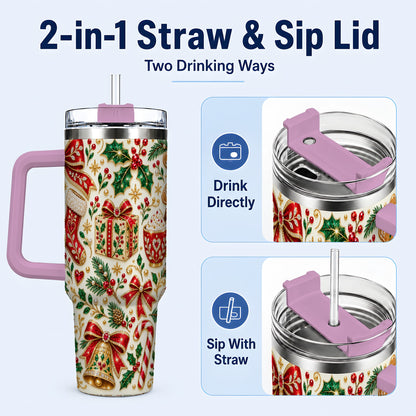 #pl[40oz|Pink] Jeweled Christmas 40oz Tumbler with Handle, Festive Holiday Drinkware