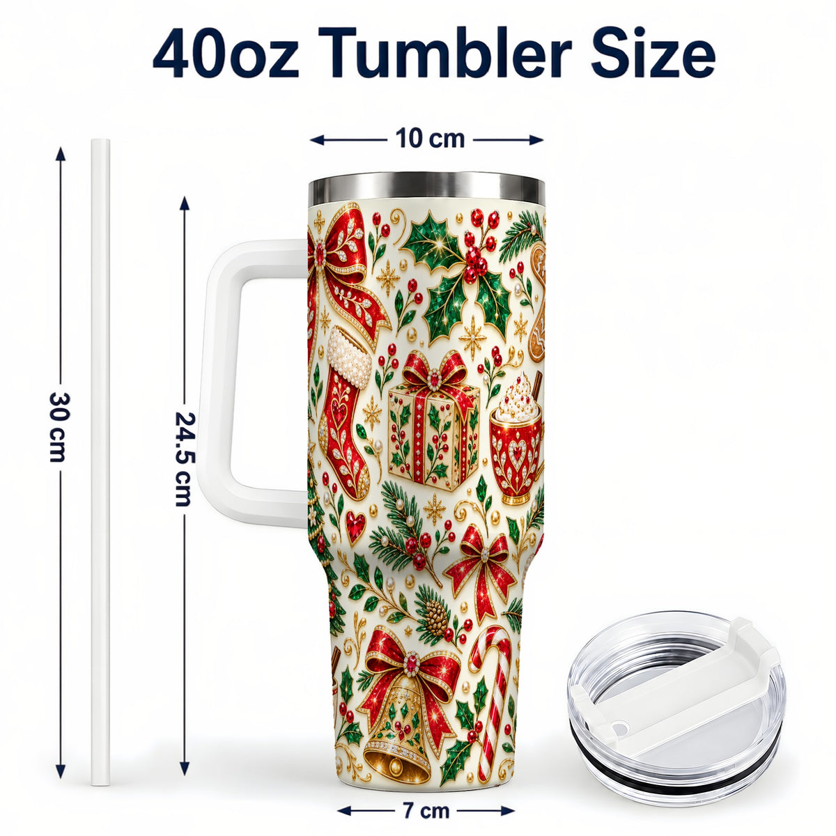 #pl[40oz|White] Jeweled Christmas 40oz Tumbler with Handle, Festive Holiday Drinkware