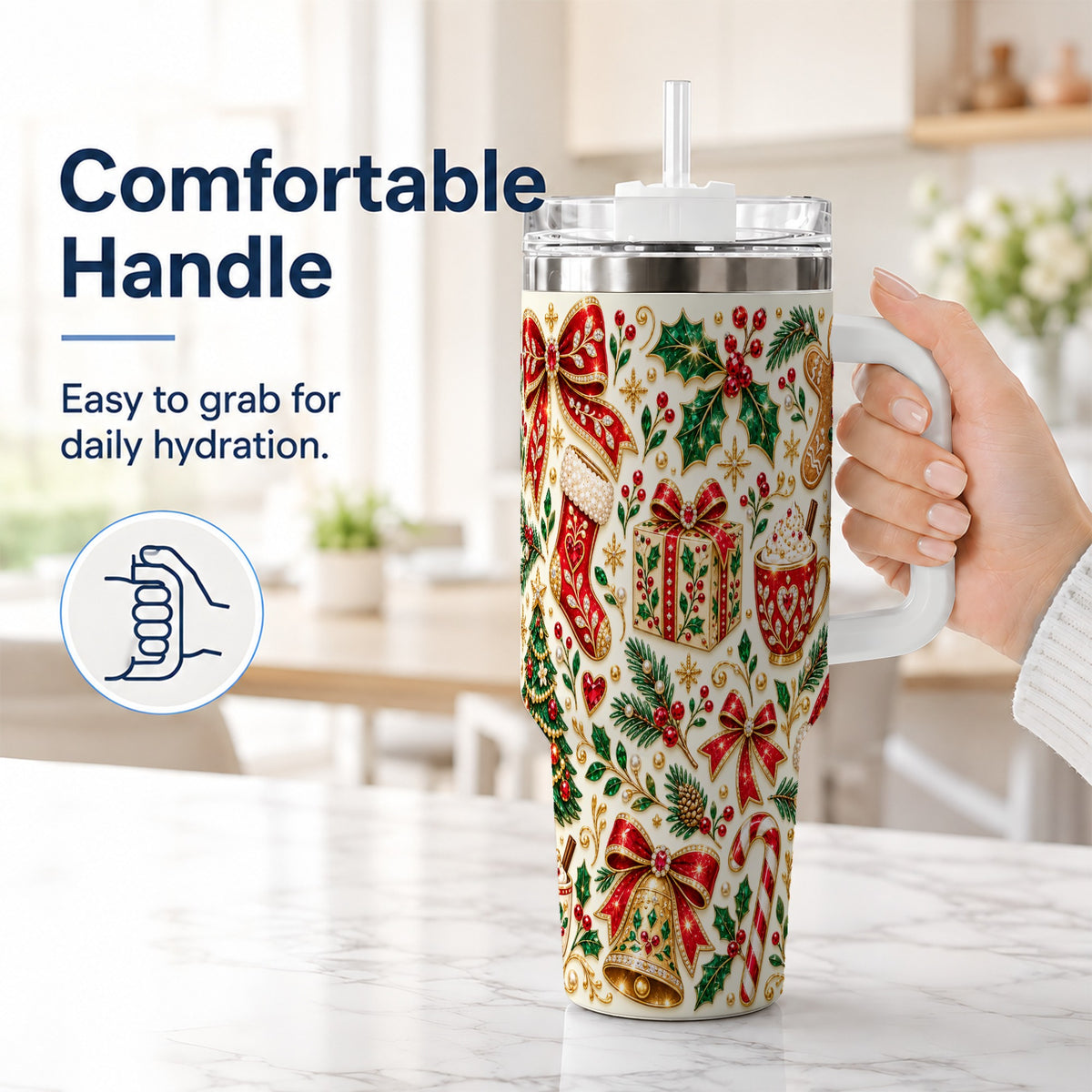 #pl[40oz|White] Jeweled Christmas 40oz Tumbler with Handle, Festive Holiday Drinkware