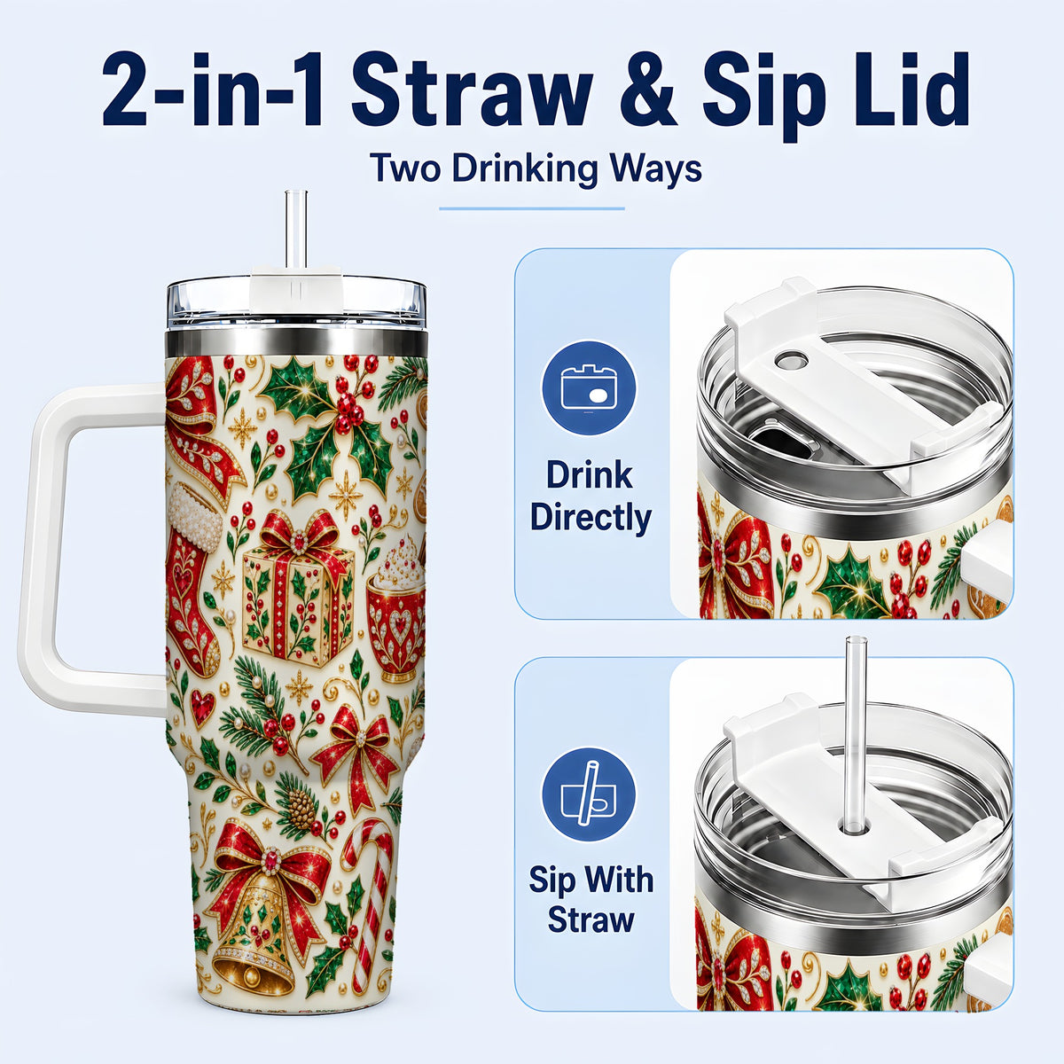 #pl[40oz|White] Jeweled Christmas 40oz Tumbler with Handle, Festive Holiday Drinkware