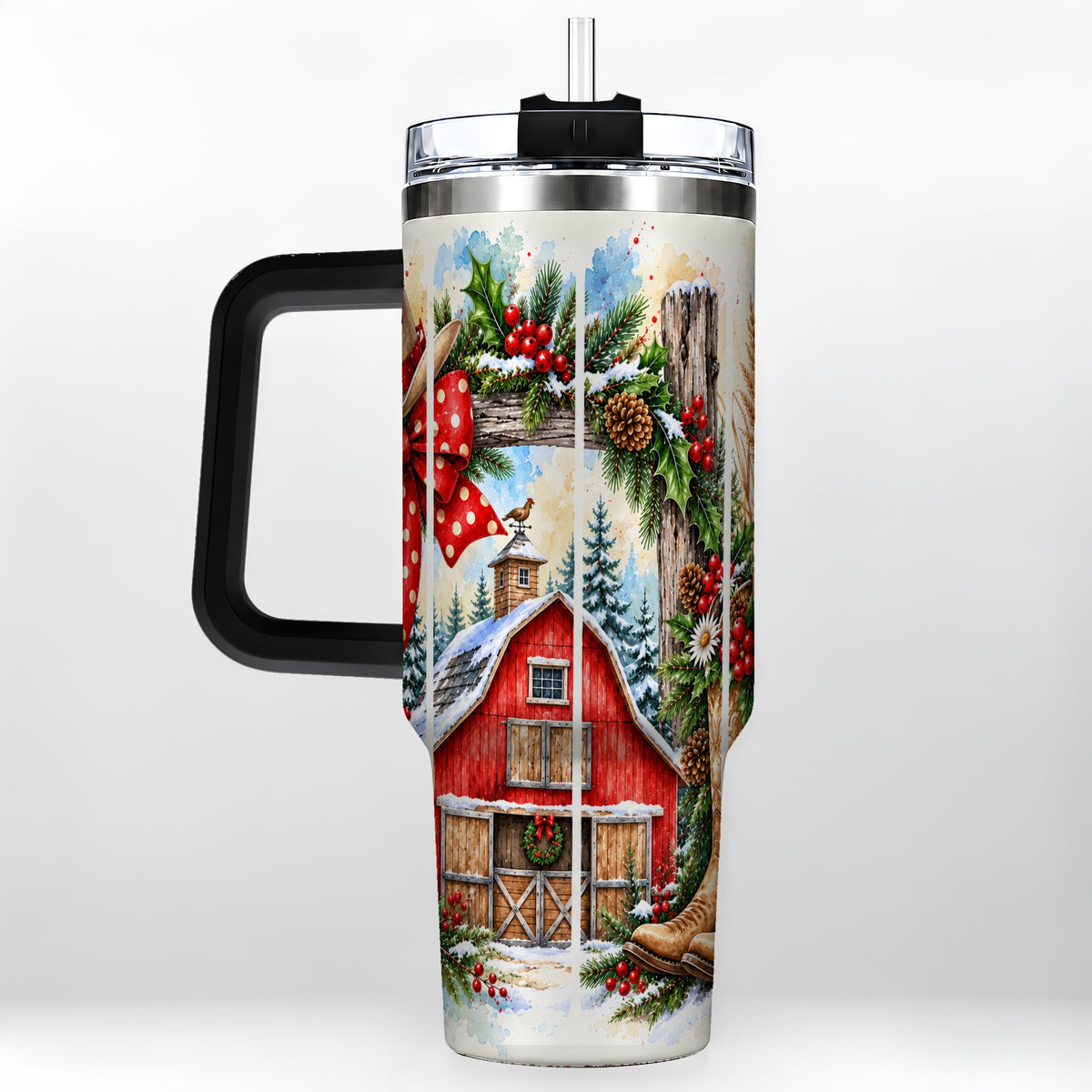 #pl[40oz|Black] Western Christmas 40oz Tumbler with Handle, Rustic Cowboy Holiday
