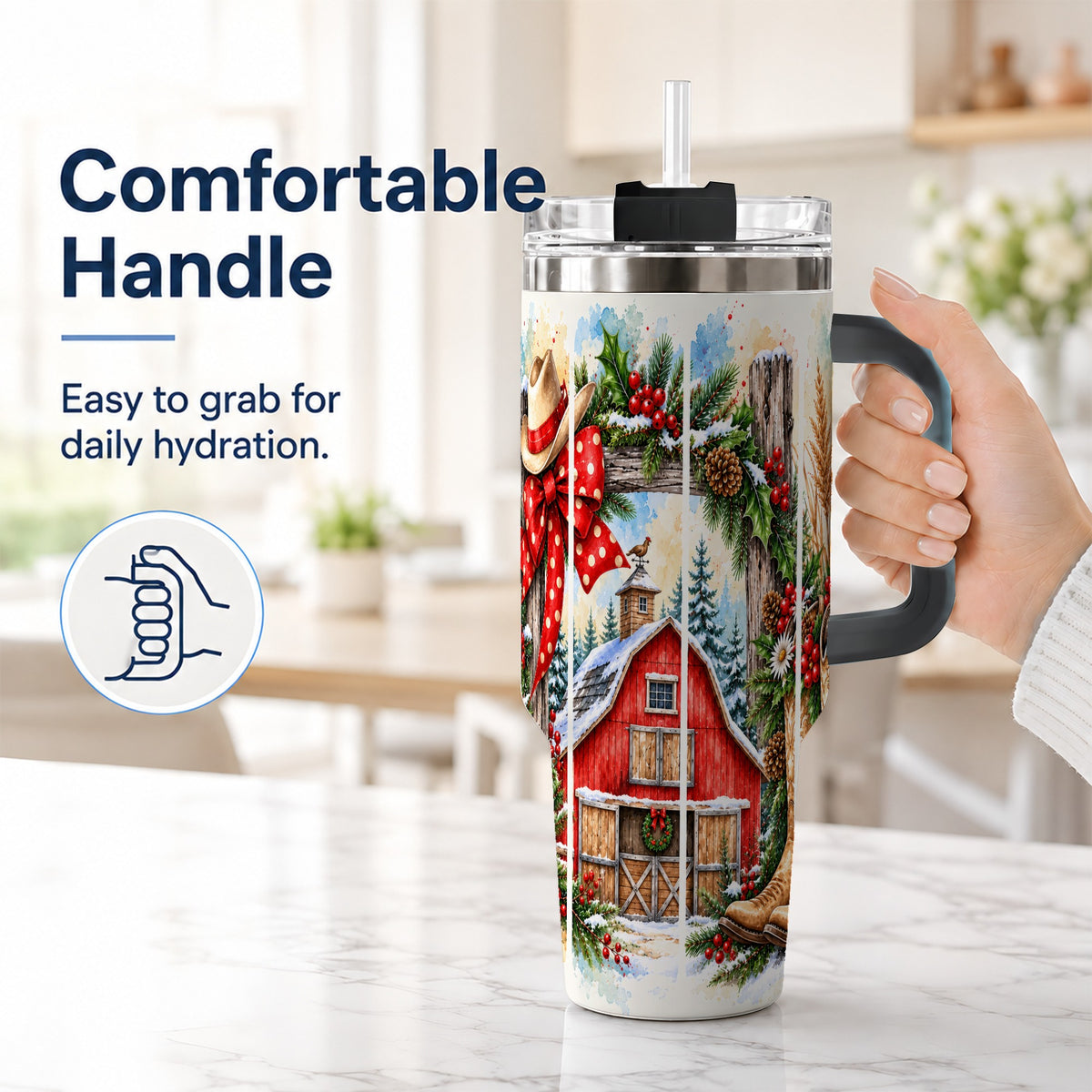 #pl[40oz|Black] Western Christmas 40oz Tumbler with Handle, Rustic Cowboy Holiday