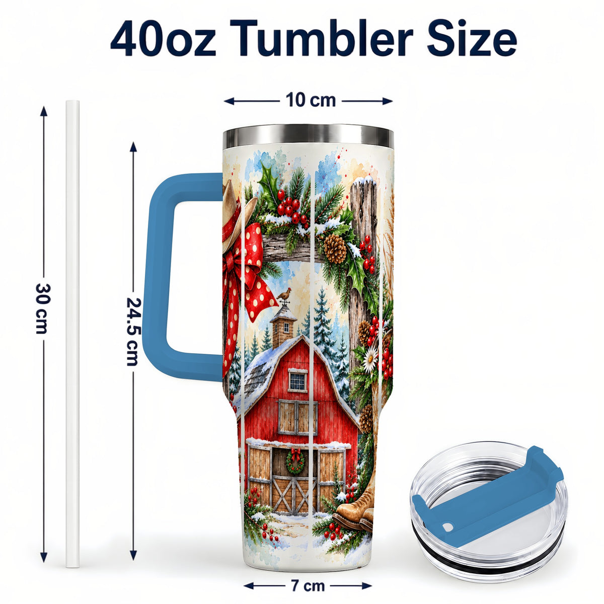#pl[40oz|Blue] Western Christmas 40oz Tumbler with Handle, Rustic Cowboy Holiday
