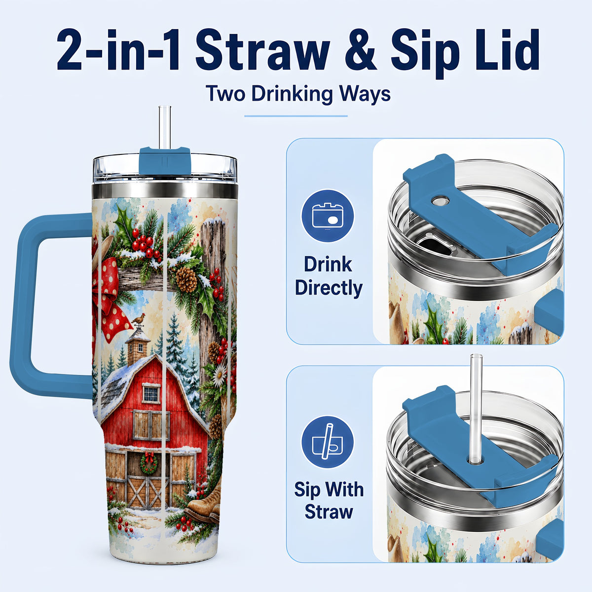#pl[40oz|Blue] Western Christmas 40oz Tumbler with Handle, Rustic Cowboy Holiday