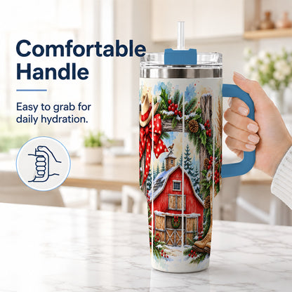 #pl[40oz|Blue] Western Christmas 40oz Tumbler with Handle, Rustic Cowboy Holiday
