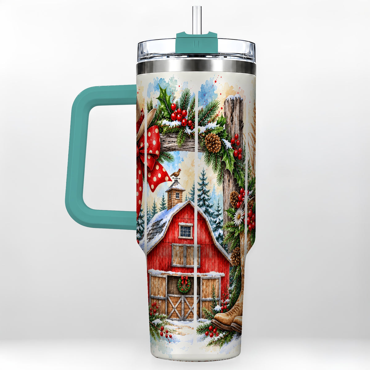 #pl[40oz|Green] Western Christmas 40oz Tumbler with Handle, Rustic Cowboy Holiday