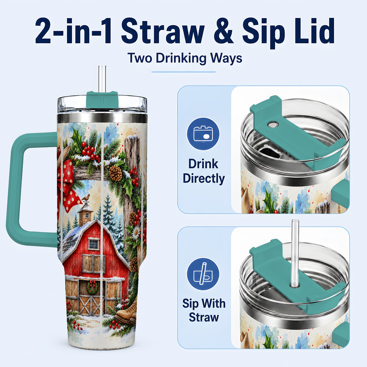 #pl[40oz|Green] Western Christmas 40oz Tumbler with Handle, Rustic Cowboy Holiday