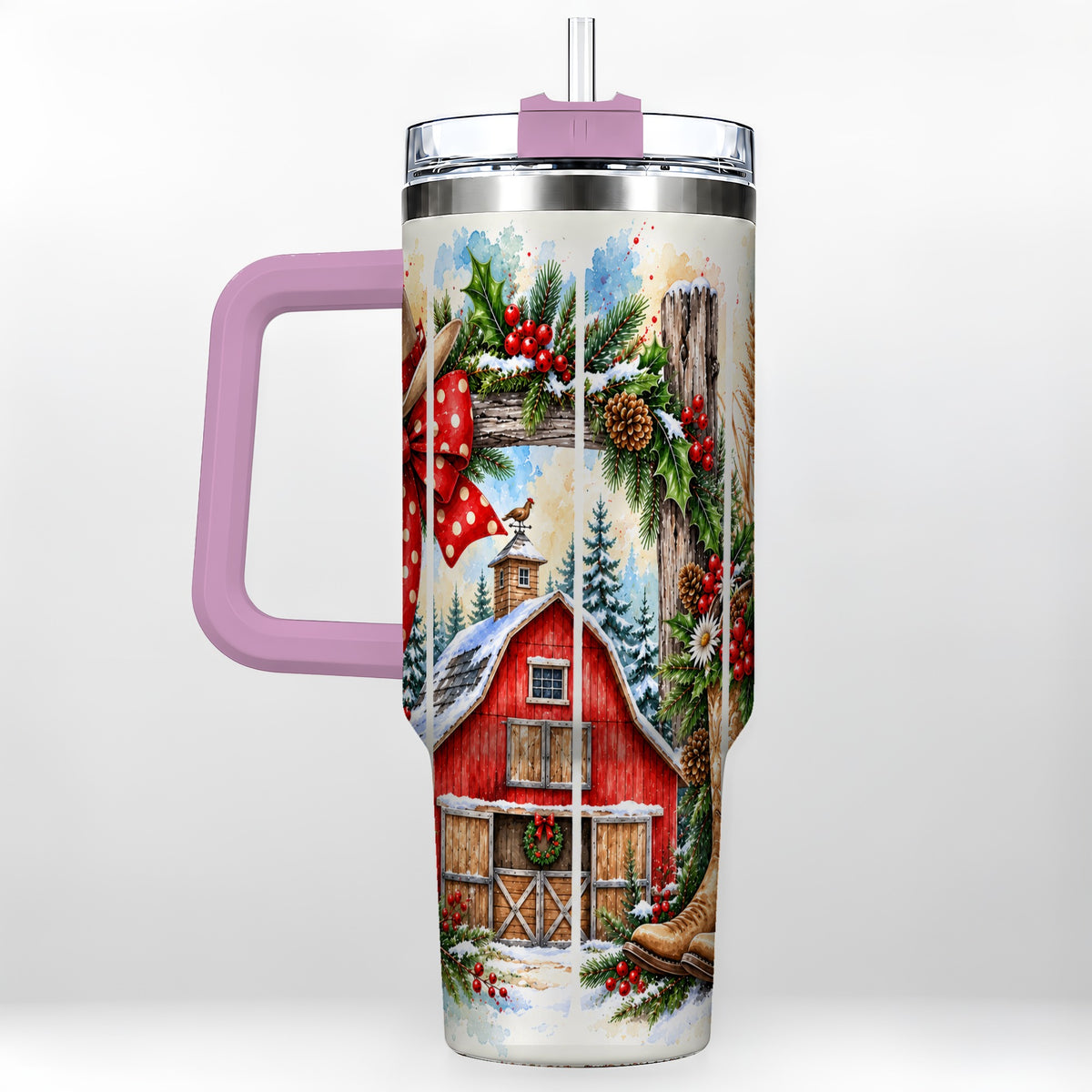 #pl[40oz|Pink] Western Christmas 40oz Tumbler with Handle, Rustic Cowboy Holiday