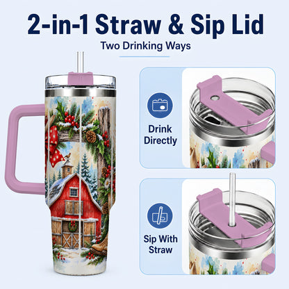 #pl[40oz|Pink] Western Christmas 40oz Tumbler with Handle, Rustic Cowboy Holiday