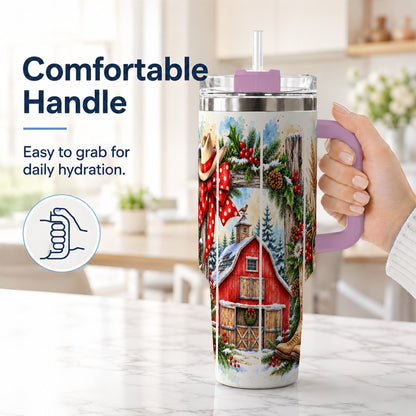 #pl[40oz|Pink] Western Christmas 40oz Tumbler with Handle, Rustic Cowboy Holiday