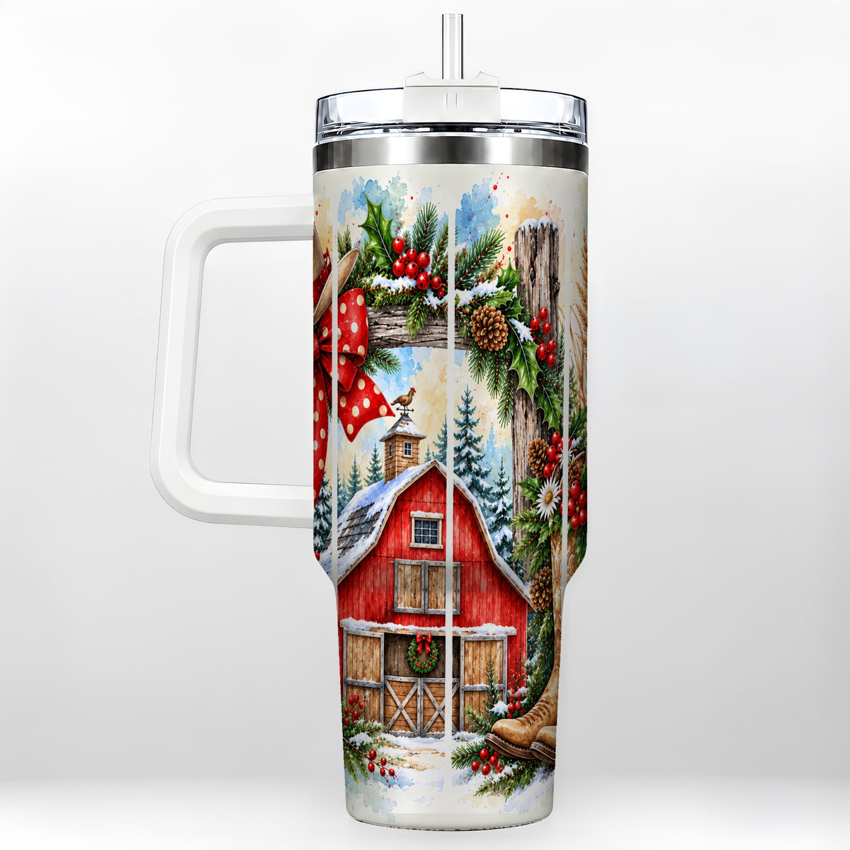 Western Christmas 40oz Tumbler with Handle, Rustic Cowboy Holiday