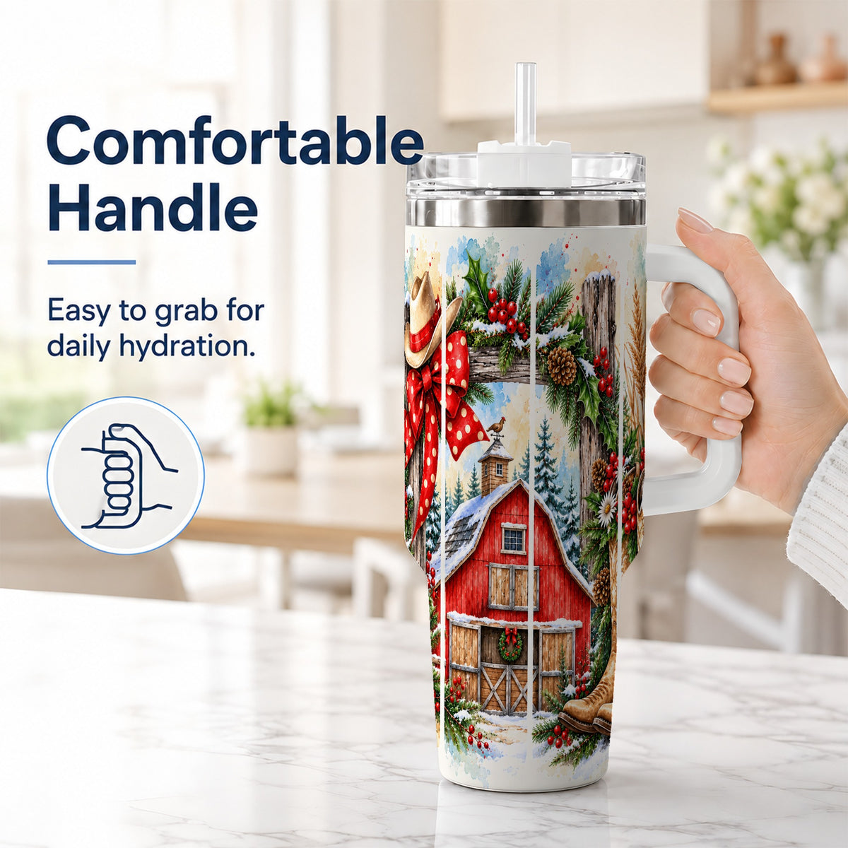 #pl[40oz|White] Western Christmas 40oz Tumbler with Handle, Rustic Cowboy Holiday