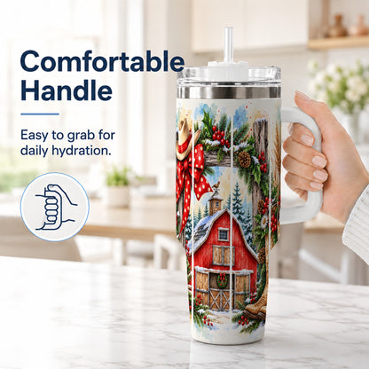 #pl[40oz|White] Western Christmas 40oz Tumbler with Handle, Rustic Cowboy Holiday