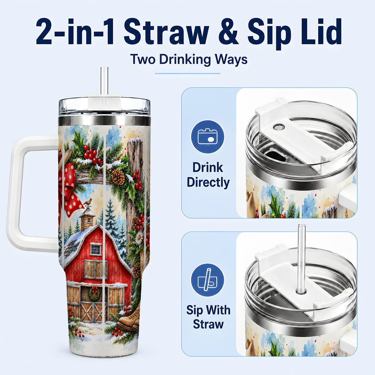 #pl[40oz|White] Western Christmas 40oz Tumbler with Handle, Rustic Cowboy Holiday