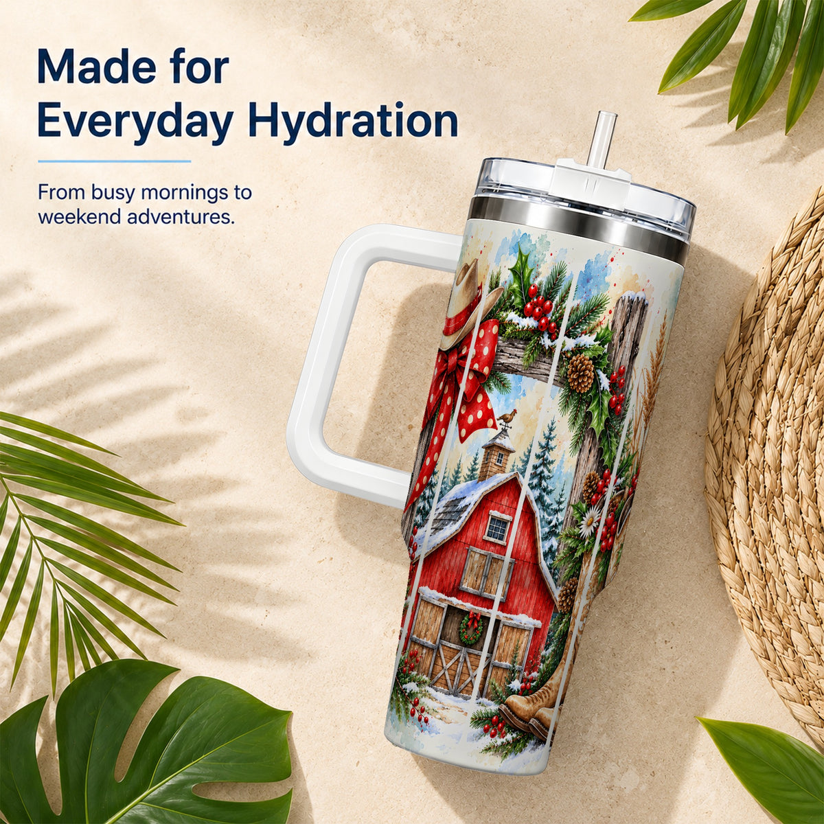 Western Christmas 40oz Tumbler with Handle, Rustic Cowboy Holiday