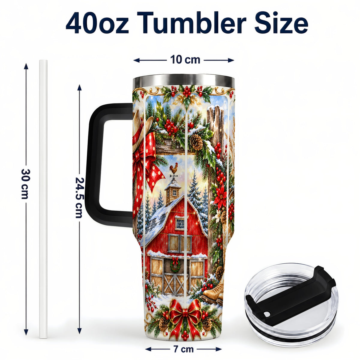 #pl[40oz|Black] Ornate Western Christmas 40oz Tumbler with Handle, Cowboy Holiday