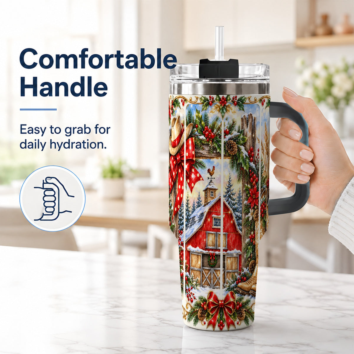 #pl[40oz|Black] Ornate Western Christmas 40oz Tumbler with Handle, Cowboy Holiday