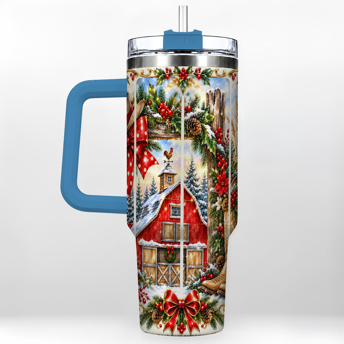 #pl[40oz|Blue] Ornate Western Christmas 40oz Tumbler with Handle, Cowboy Holiday