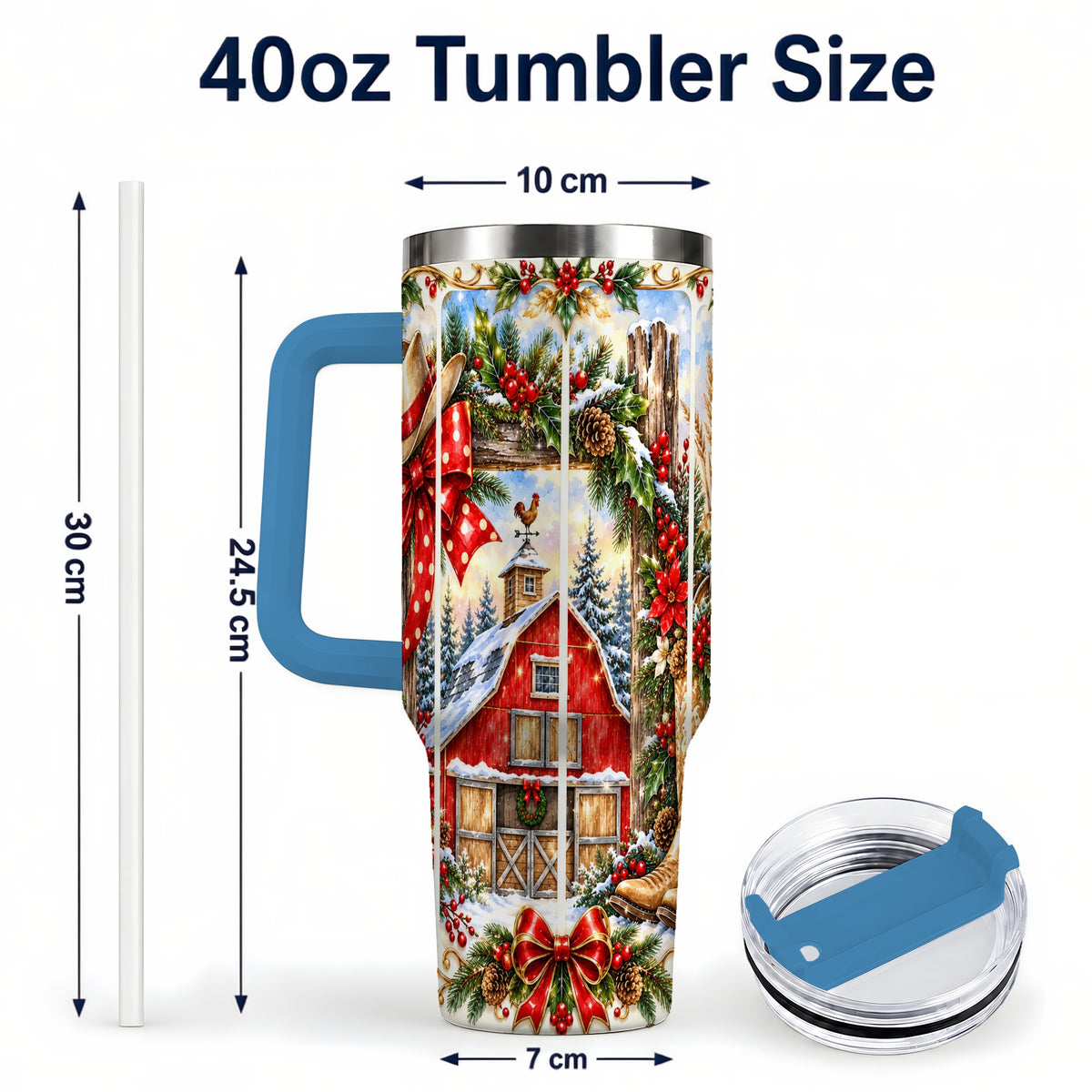 #pl[40oz|Blue] Ornate Western Christmas 40oz Tumbler with Handle, Cowboy Holiday