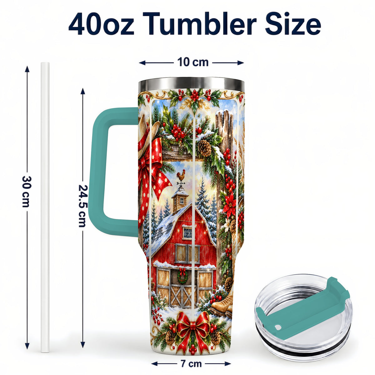 #pl[40oz|Green] Ornate Western Christmas 40oz Tumbler with Handle, Cowboy Holiday