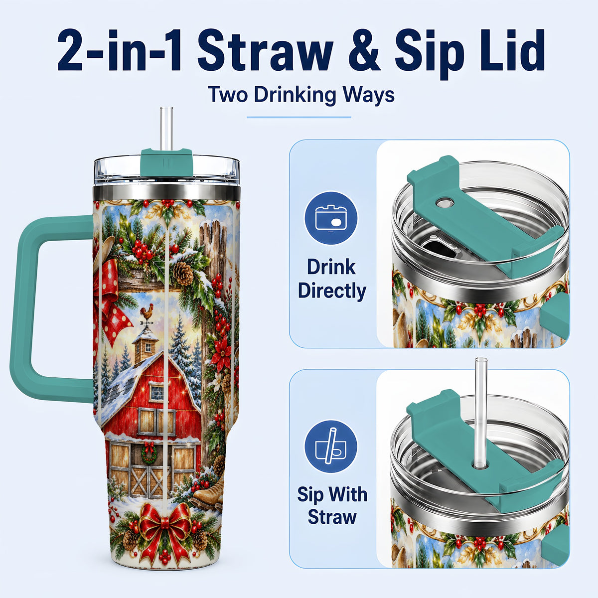 #pl[40oz|Green] Ornate Western Christmas 40oz Tumbler with Handle, Cowboy Holiday
