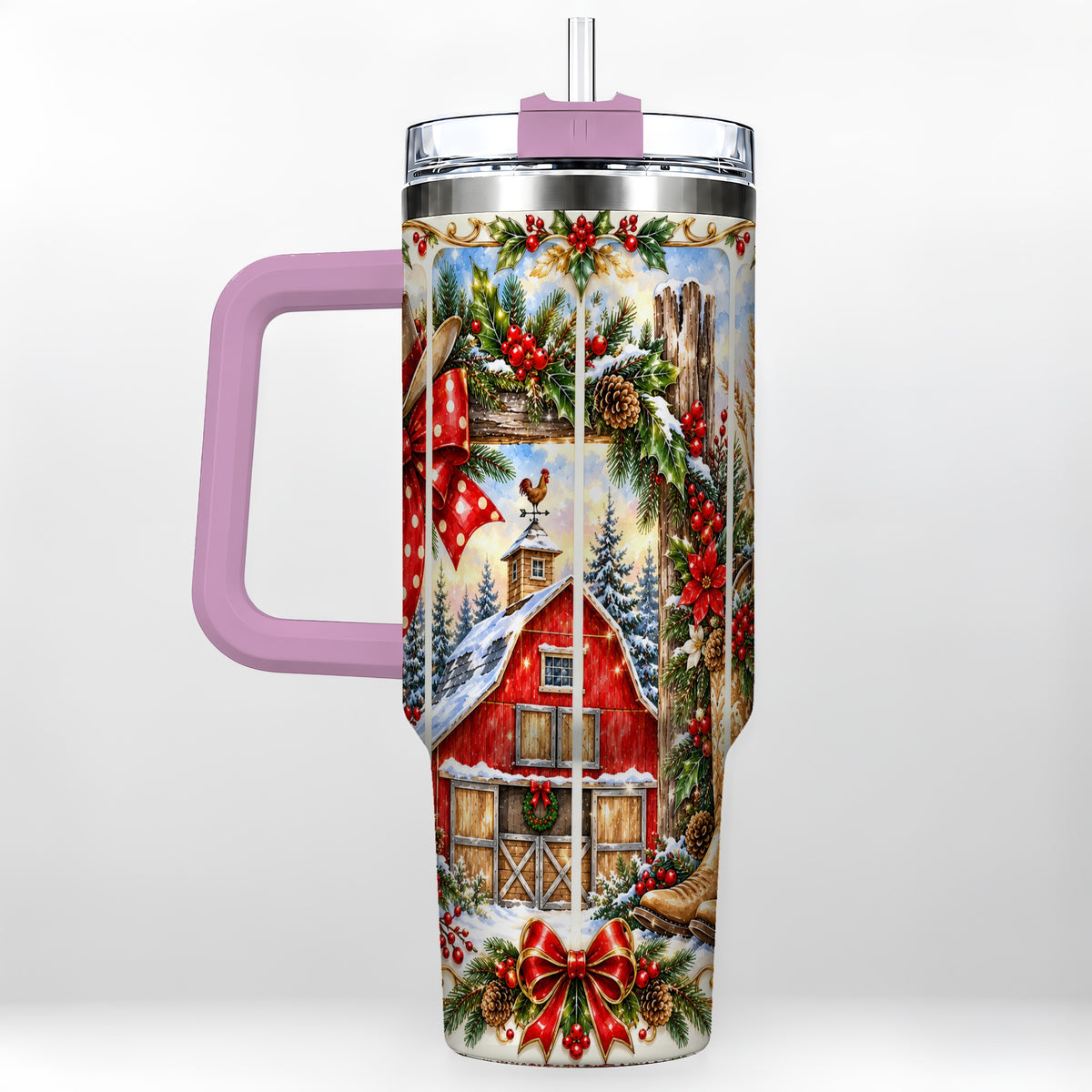#pl[40oz|Pink] Ornate Western Christmas 40oz Tumbler with Handle, Cowboy Holiday