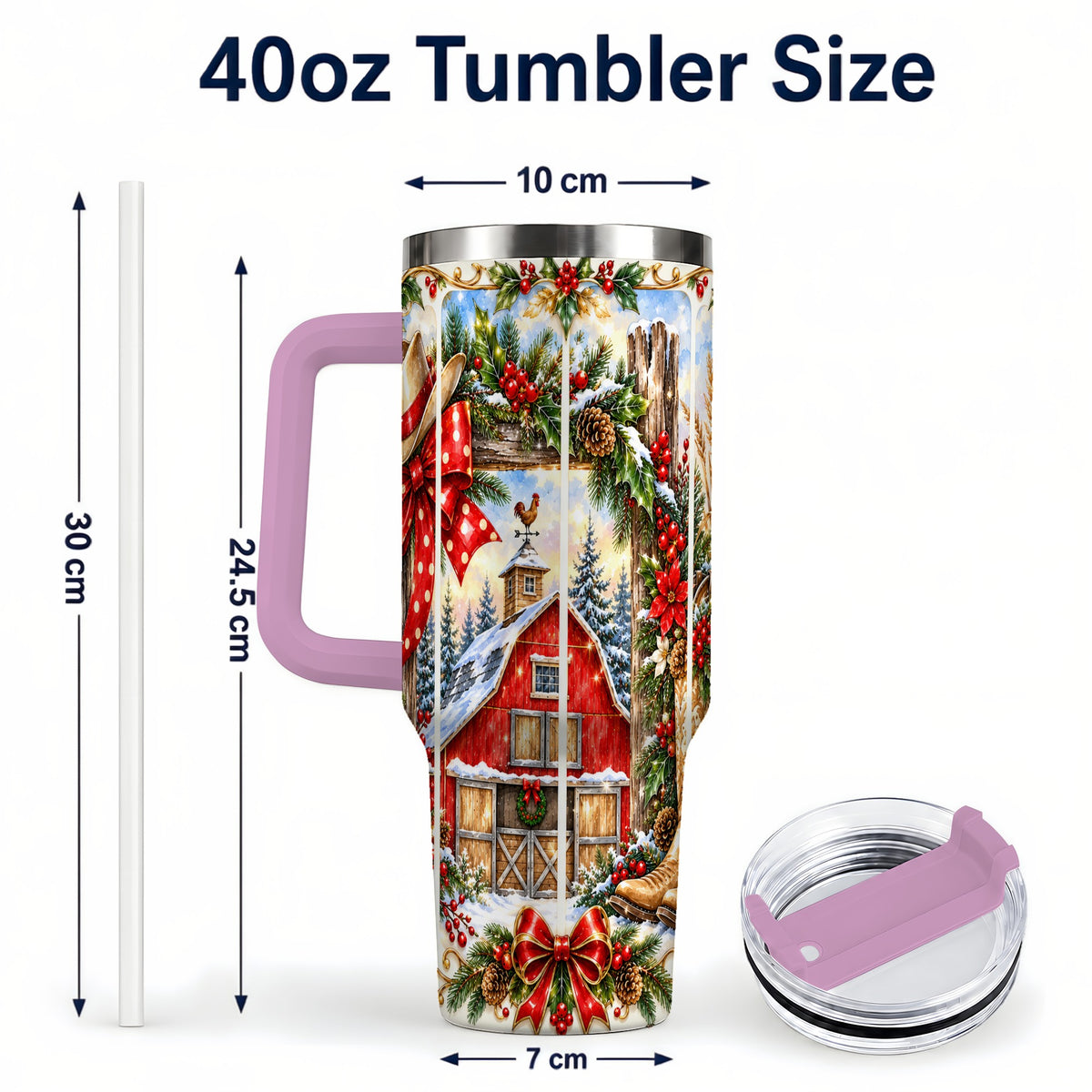 #pl[40oz|Pink] Ornate Western Christmas 40oz Tumbler with Handle, Cowboy Holiday