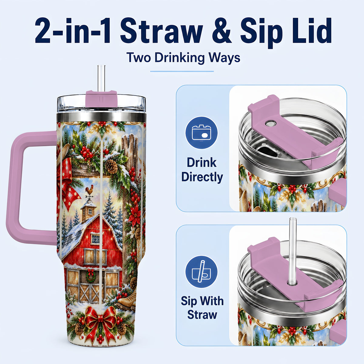 #pl[40oz|Pink] Ornate Western Christmas 40oz Tumbler with Handle, Cowboy Holiday