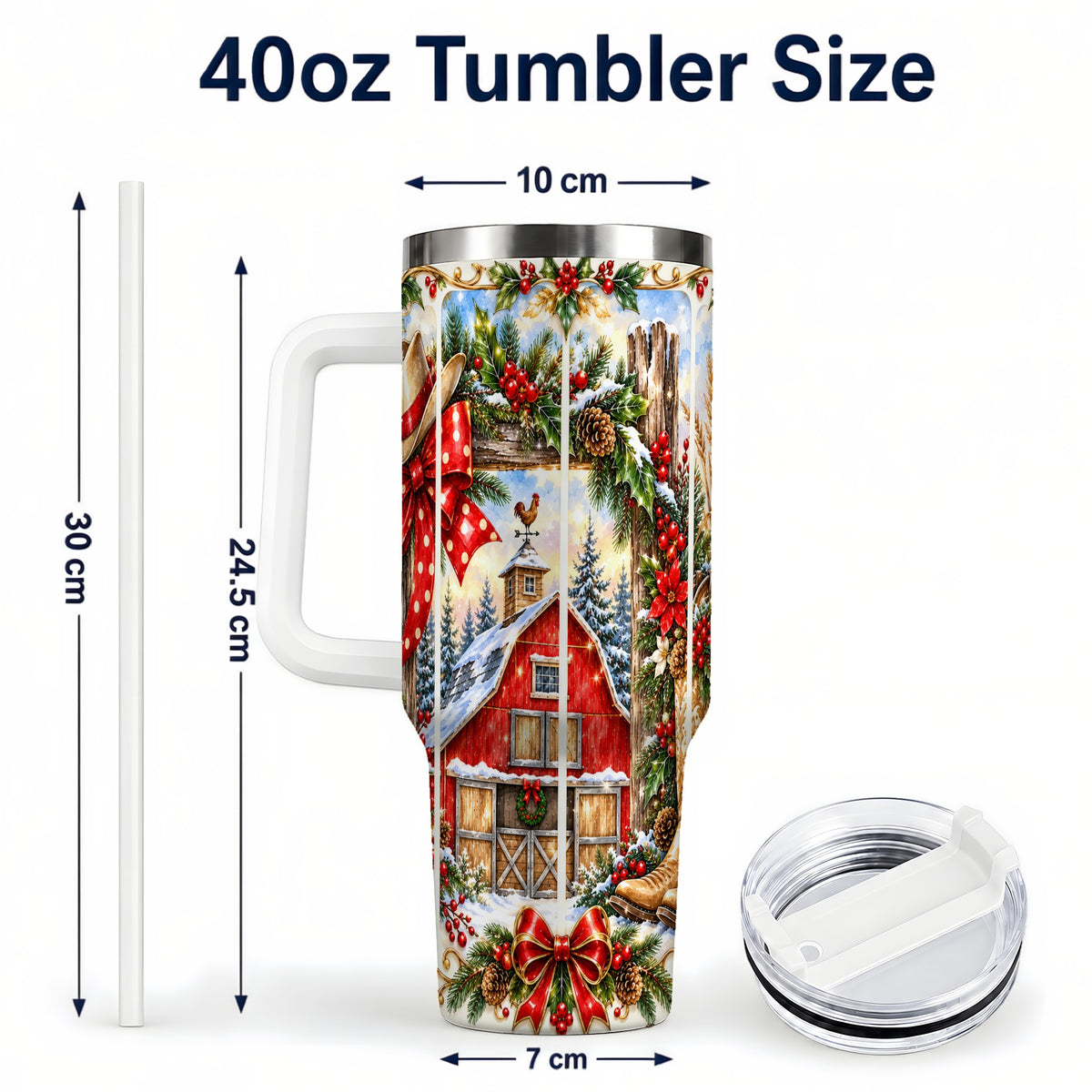#pl[40oz|White] Ornate Western Christmas 40oz Tumbler with Handle, Cowboy Holiday
