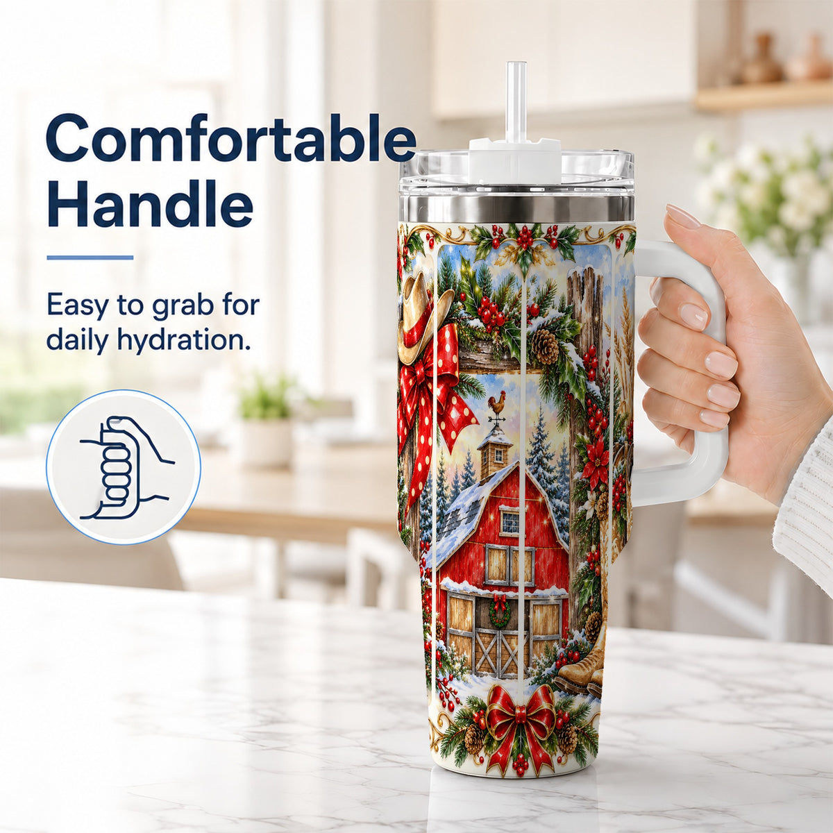 #pl[40oz|White] Ornate Western Christmas 40oz Tumbler with Handle, Cowboy Holiday