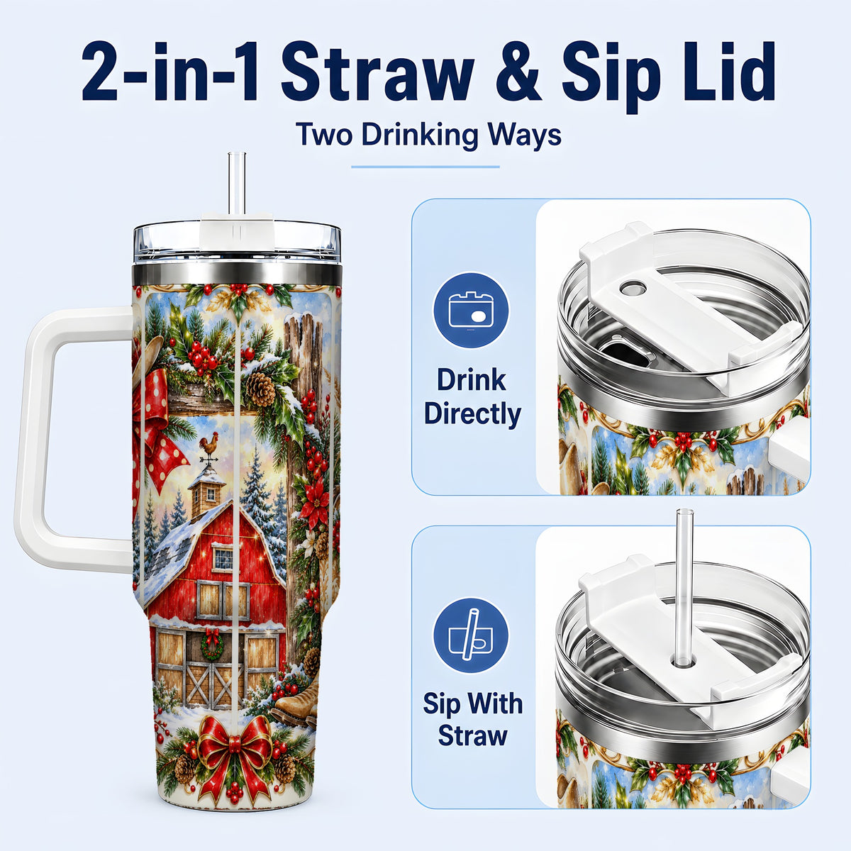 #pl[40oz|White] Ornate Western Christmas 40oz Tumbler with Handle, Cowboy Holiday