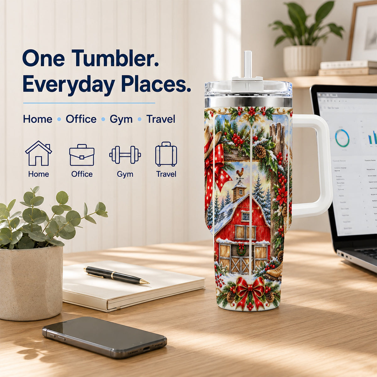 Ornate Western Christmas 40oz Tumbler with Handle, Cowboy Holiday