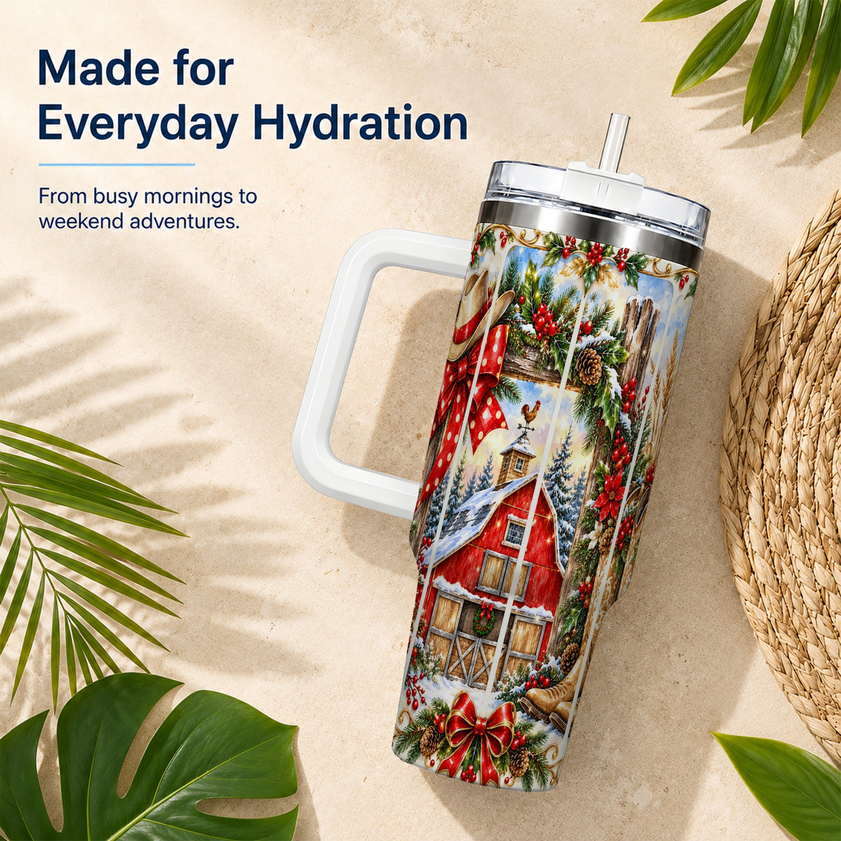 Ornate Western Christmas 40oz Tumbler with Handle, Cowboy Holiday
