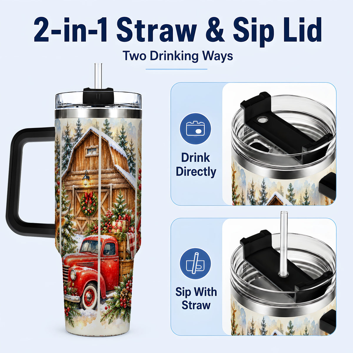 #pl[40oz|Black] Highland Cow Christmas 40oz Tumbler with Handle, Rustic Farmhouse