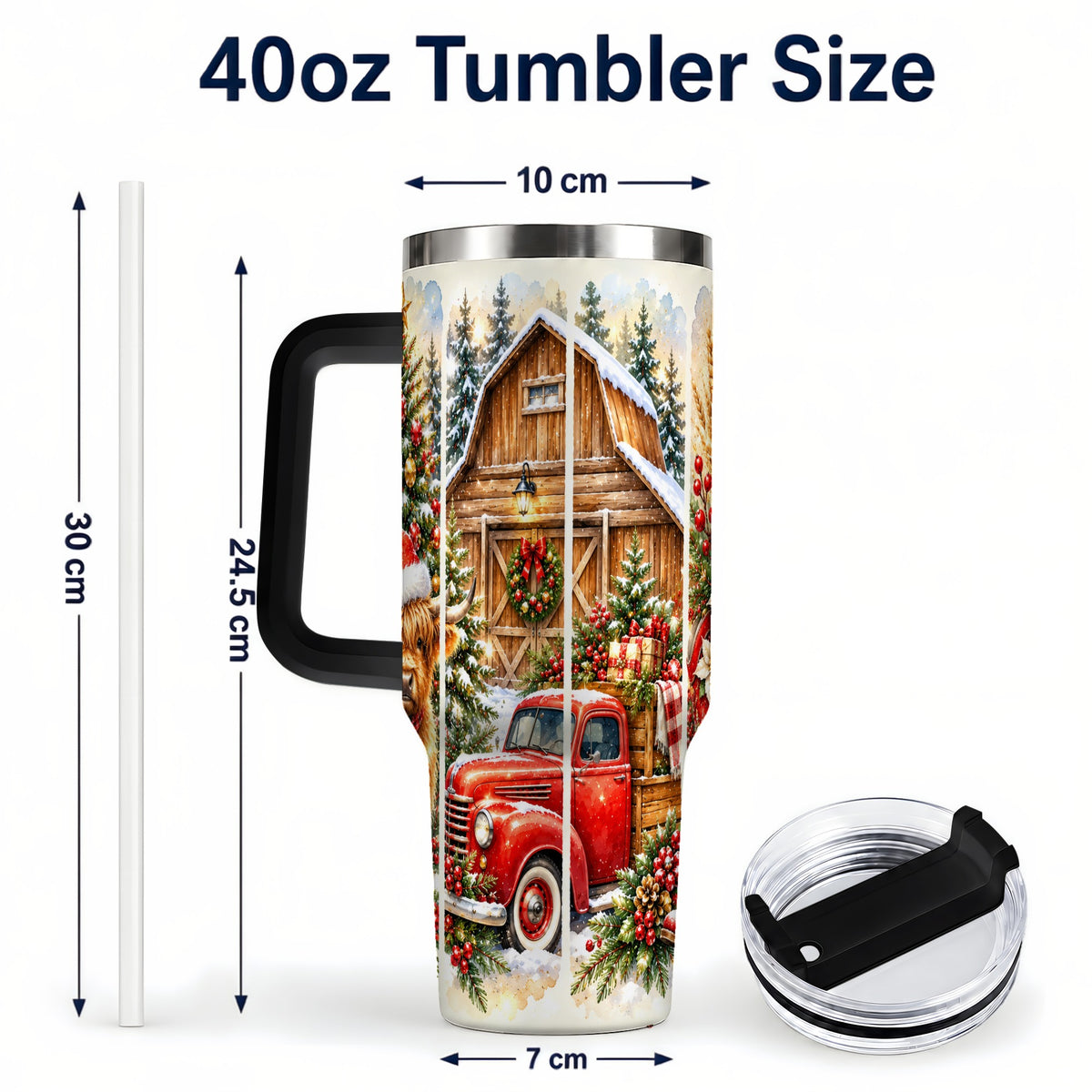 #pl[40oz|Black] Highland Cow Christmas 40oz Tumbler with Handle, Rustic Farmhouse