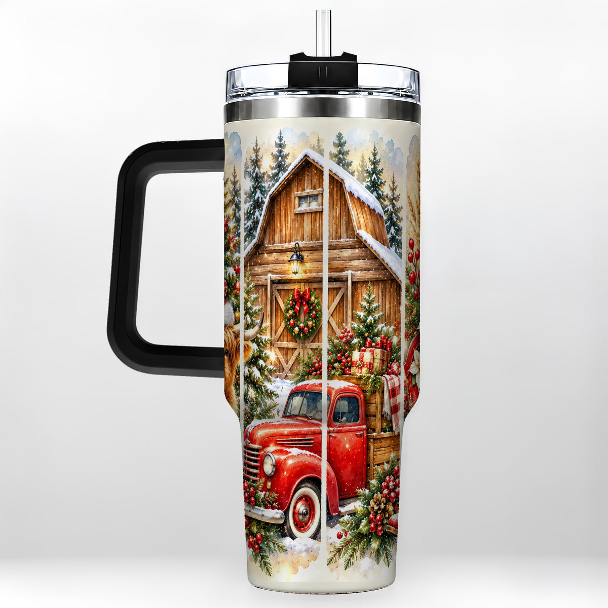 #pl[40oz|Black] Highland Cow Christmas 40oz Tumbler with Handle, Rustic Farmhouse