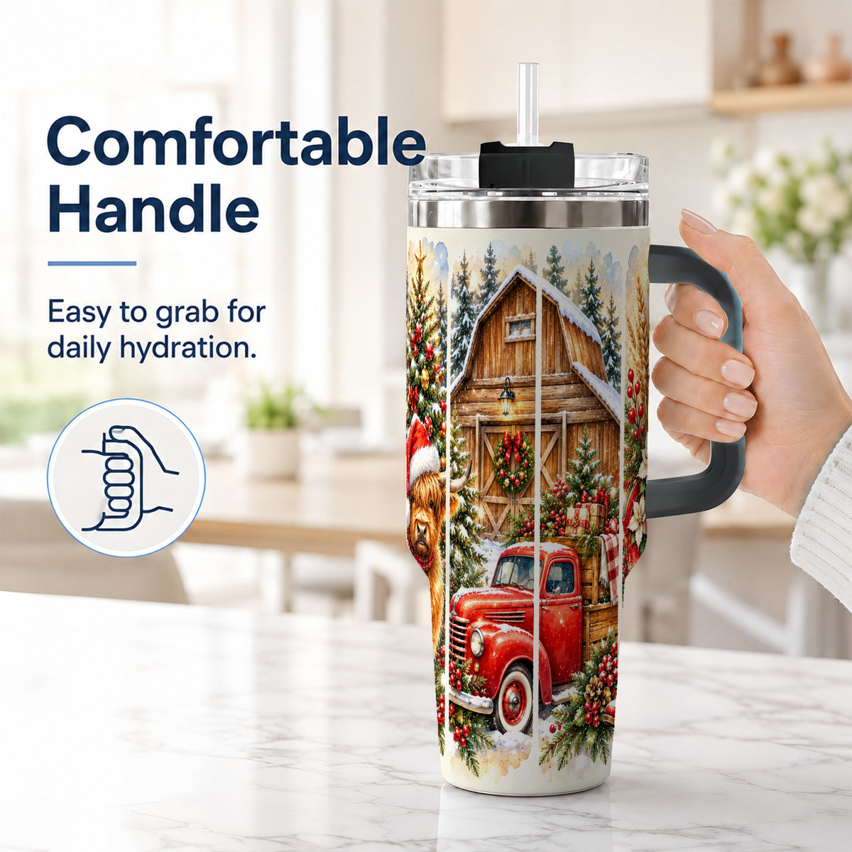 #pl[40oz|Black] Highland Cow Christmas 40oz Tumbler with Handle, Rustic Farmhouse