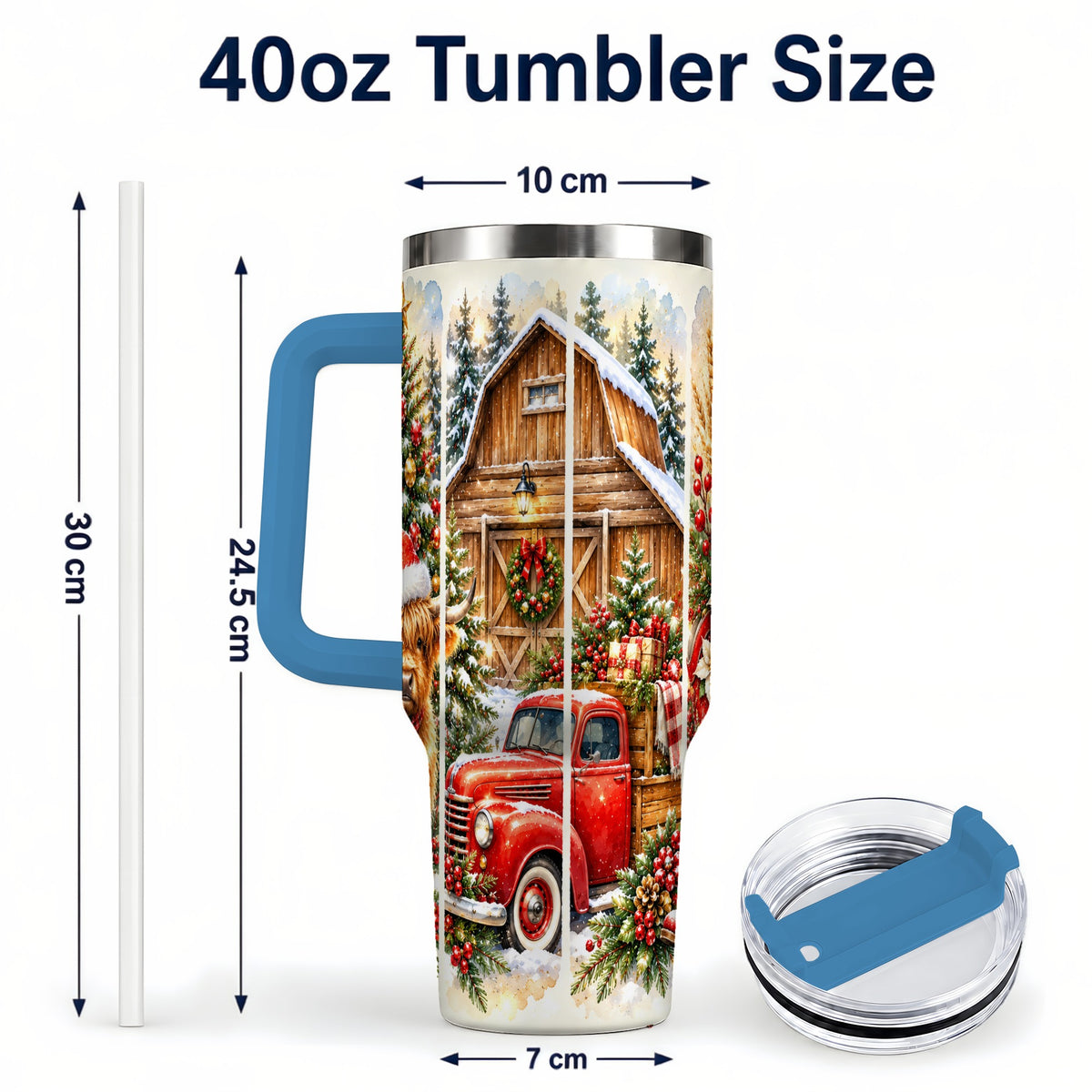 #pl[40oz|Blue] Highland Cow Christmas 40oz Tumbler with Handle, Rustic Farmhouse