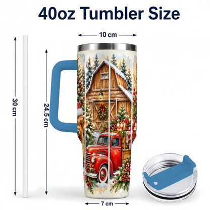#pl[40oz|Blue] Highland Cow Christmas 40oz Tumbler with Handle, Rustic Farmhouse