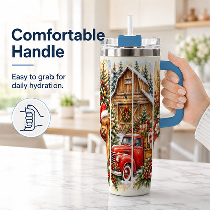 #pl[40oz|Blue] Highland Cow Christmas 40oz Tumbler with Handle, Rustic Farmhouse
