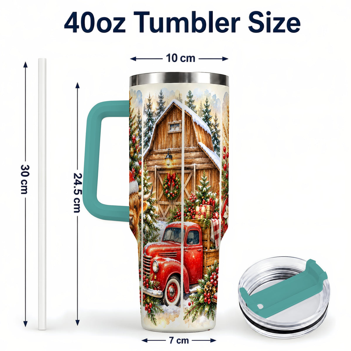 #pl[40oz|Green] Highland Cow Christmas 40oz Tumbler with Handle, Rustic Farmhouse