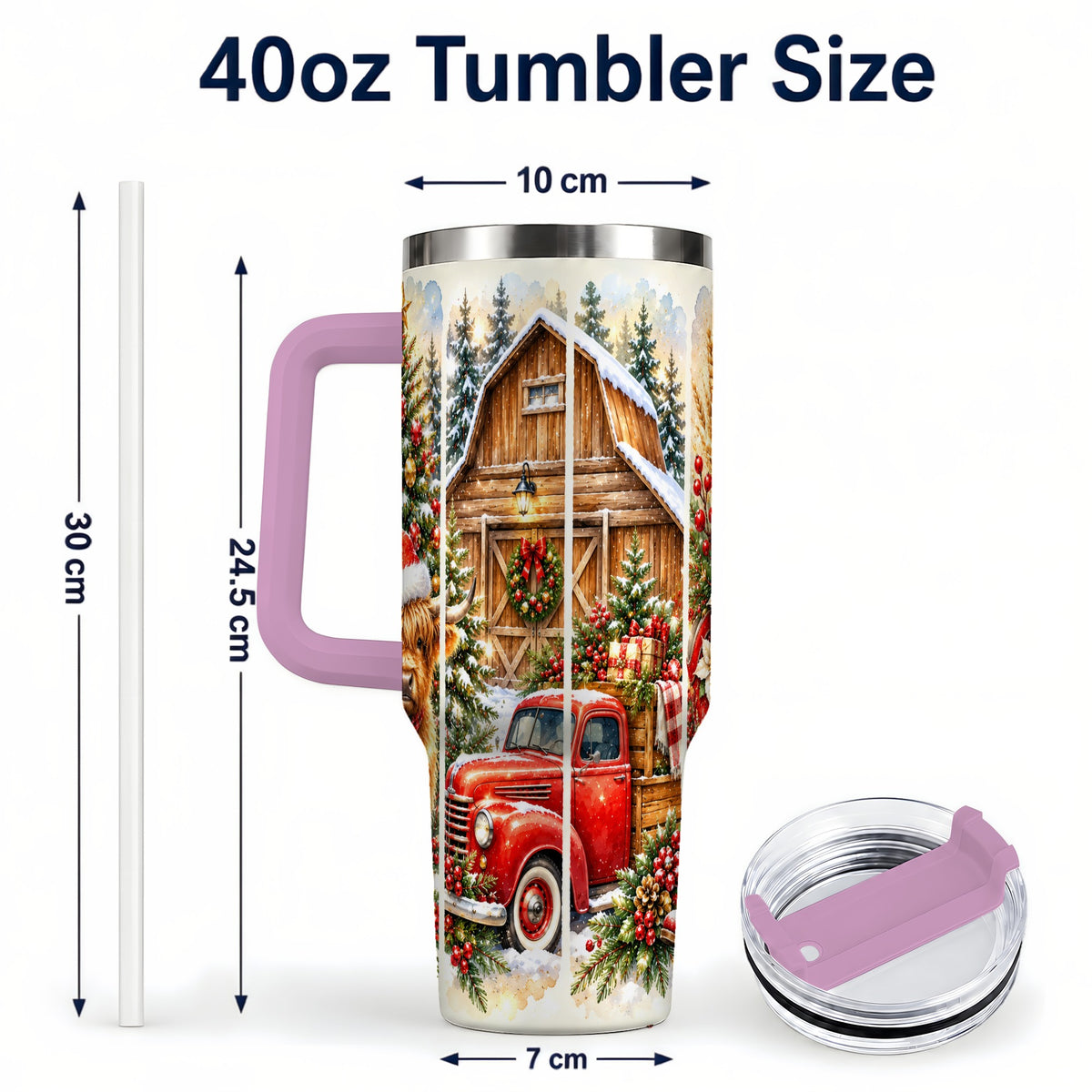 #pl[40oz|Pink] Highland Cow Christmas 40oz Tumbler with Handle, Rustic Farmhouse