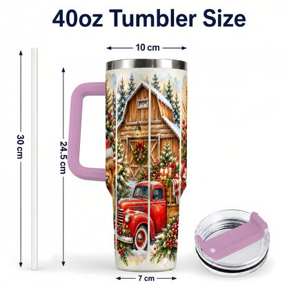 #pl[40oz|Pink] Highland Cow Christmas 40oz Tumbler with Handle, Rustic Farmhouse