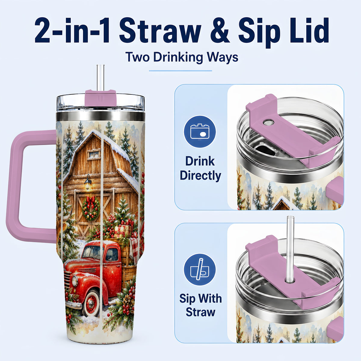 #pl[40oz|Pink] Highland Cow Christmas 40oz Tumbler with Handle, Rustic Farmhouse