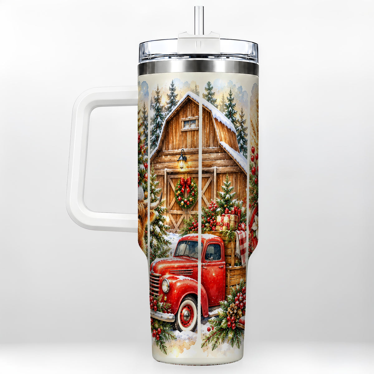 Highland Cow Christmas 40oz Tumbler with Handle, Rustic Farmhouse
