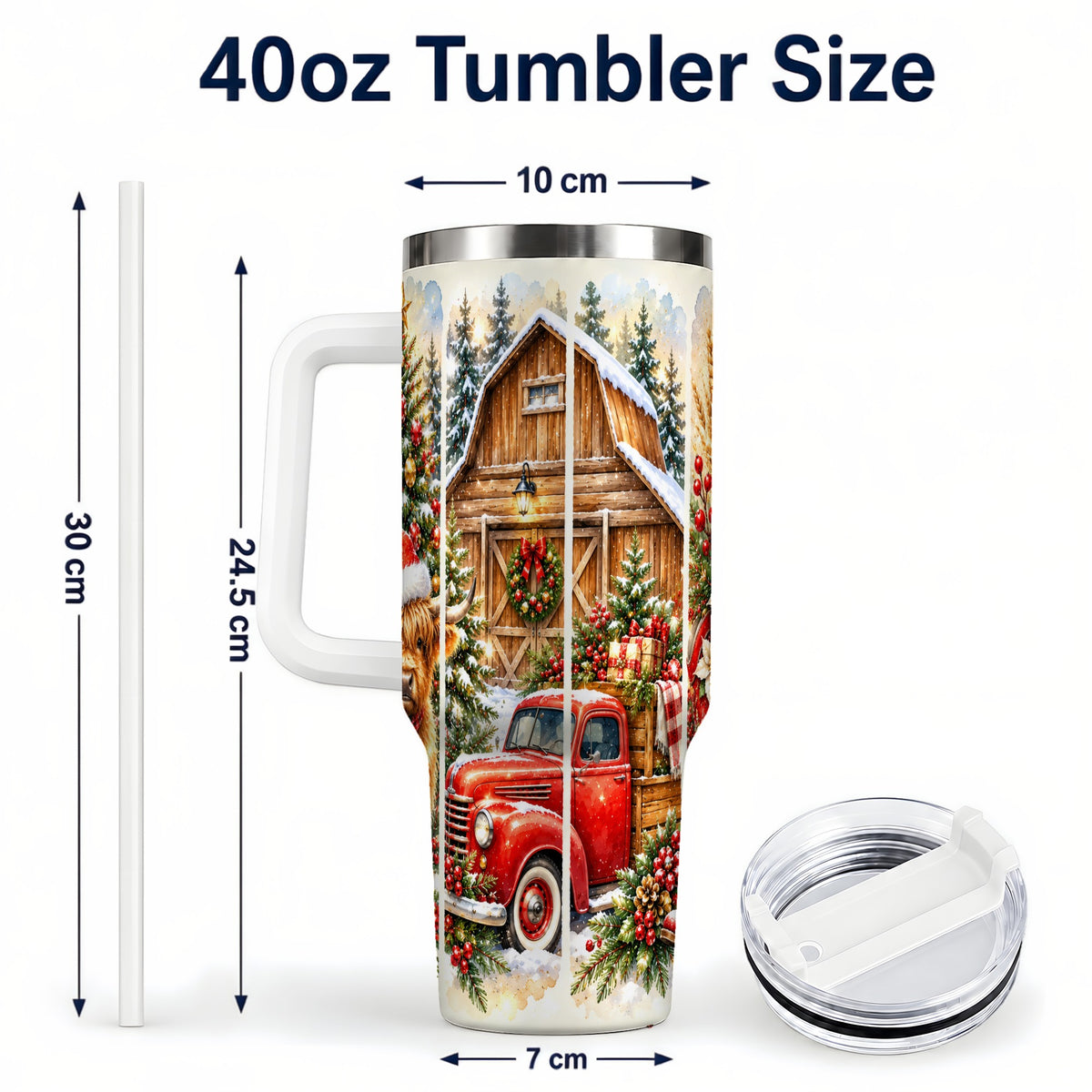 #pl[40oz|White] Highland Cow Christmas 40oz Tumbler with Handle, Rustic Farmhouse